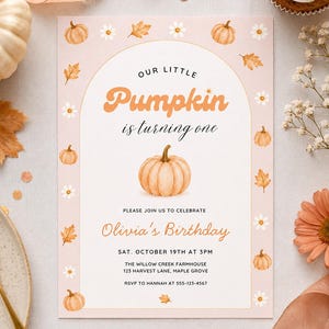 Editable First Birthday Our Little Pumpkin is One Invitation, Autumn Fall Halloween Boho 1st birthday Invite Digital Download Printable Cute