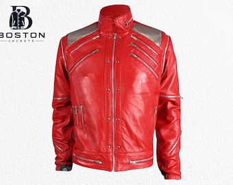 Michael Jackson Beat It Jacket - Red Biker Leather Costume for Men - Concert Style MJ Tribute Coat - Premium Handmade Edition