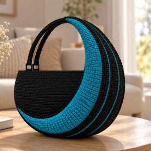 Könnte beinhalten: Eine halbmondförmige Handtasche aus schwarzem und leuchtend blauem Garn. Die Tasche hat einen einfarbig schwarzen Körper mit einem markanten, geschwungenen Streifen aus leuchtend blauer Textur am Außenrand und passenden blauen Akzenten an den zwei Tragegriffen.