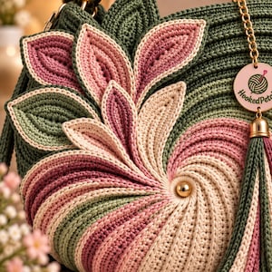 Crochet purse pattern PDF featuring an elegant floral crochet bag with dimensional flower petals, sculpted leaves, decorative gold-tone details, crocheted top handle, long shoulder strap, tassel accents, and hanging charm. This crochet handbag pattern provides a detailed project for creating a handmade flower bag, floral purse, crochet shoulder bag, and statement crochet accessory with a boutique-inspired finish.