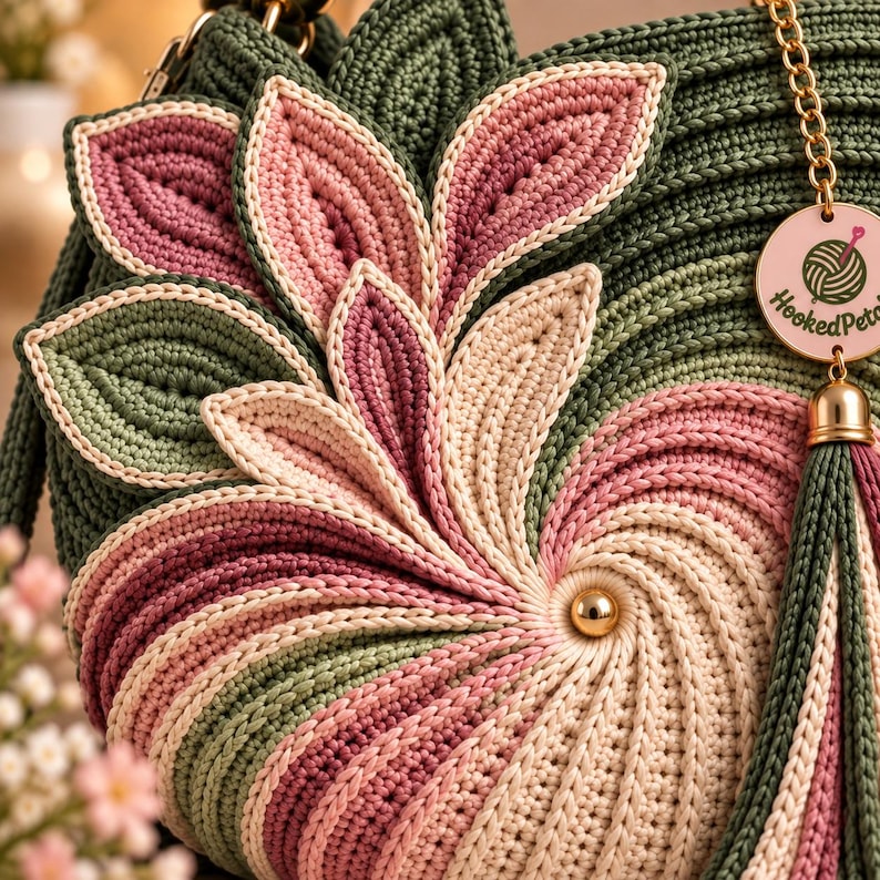 Crochet purse pattern PDF featuring an elegant floral crochet bag with dimensional flower petals, sculpted leaves, decorative gold-tone details, crocheted top handle, long shoulder strap, tassel accents, and hanging charm. This crochet handbag pattern provides a detailed project for creating a handmade flower bag, floral purse, crochet shoulder bag, and statement crochet accessory with a boutique-inspired finish.