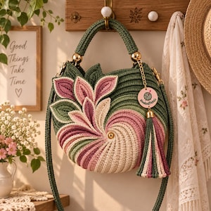Crochet flower bag pattern showing a detailed floral crochet handbag with dimensional petals, layered flowers, sculpted leaves, gold-tone hardware, decorative center, tassels, and a crocheted handle. This crochet bag pattern PDF includes instructions for creating a unique crochet purse, floral handbag, and crochet shoulder bag with an elegant handmade appearance suitable for creative accessory projects.