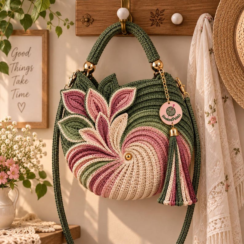 Crochet flower bag pattern showing a detailed floral crochet handbag with dimensional petals, layered flowers, sculpted leaves, gold-tone hardware, decorative center, tassels, and a crocheted handle. This crochet bag pattern PDF includes instructions for creating a unique crochet purse, floral handbag, and crochet shoulder bag with an elegant handmade appearance suitable for creative accessory projects.