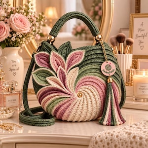 Crochet handbag pattern PDF featuring a floral crochet bag with a structured body, large spiral flower, layered petals, green leaves, decorative gold center, top handle, long shoulder strap, tassels, and hanging charm. This crochet purse pattern is ideal for crocheters searching for a crochet flower bag pattern, floral handbag pattern, crochet shoulder bag, and stylish handmade crochet accessory.
