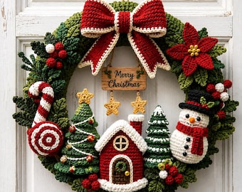 May include: A round crochet Christmas wreath featuring a large red bow, a wooden sign reading Merry Christmas, two small yellow stars, a candy cane, a lollipop, two green pine trees, a red house, and a snowman with a black hat and red scarf.