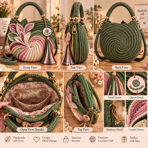 Crochet bag pattern PDF showing the complete floral handbag design with a structured crochet body, layered flower petals, spiral flower center, sculpted green leaves, gold-tone connector rings, swivel clasps, crocheted handle, shoulder strap, tassels, and decorative charm. This crochet flower bag pattern is perfect for makers creating a unique crochet purse, floral handbag, and handmade shoulder bag.