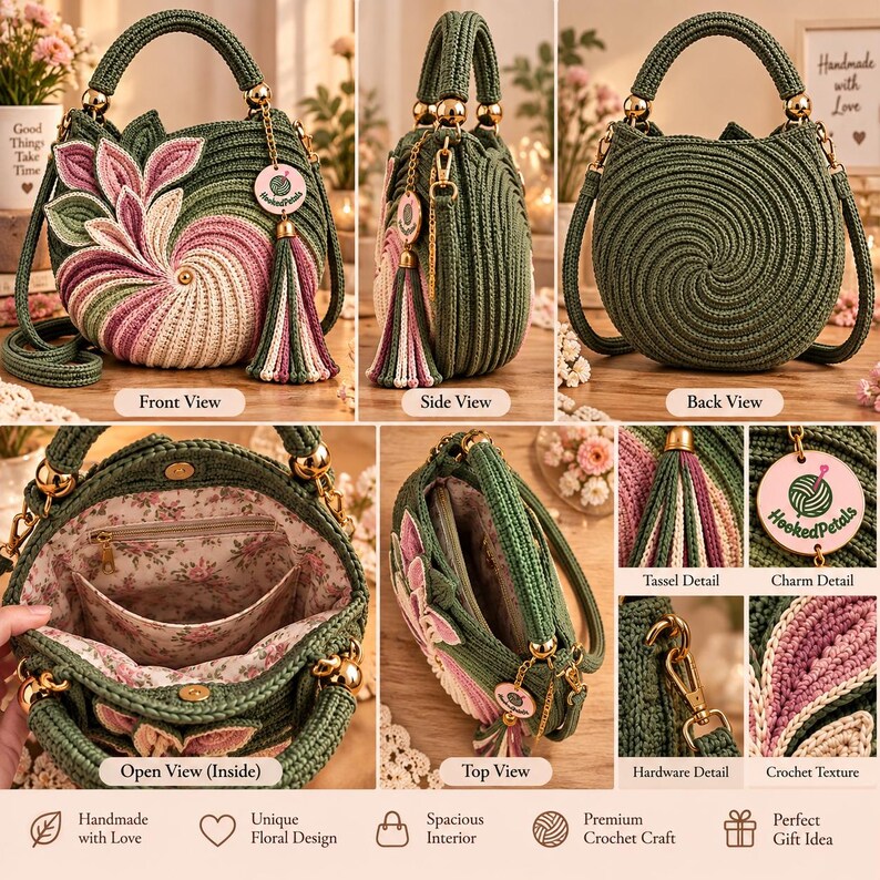 Crochet bag pattern PDF showing the complete floral handbag design with a structured crochet body, layered flower petals, spiral flower center, sculpted green leaves, gold-tone connector rings, swivel clasps, crocheted handle, shoulder strap, tassels, and decorative charm. This crochet flower bag pattern is perfect for makers creating a unique crochet purse, floral handbag, and handmade shoulder bag.