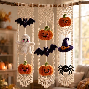 Puede incluir: Un tapiz de macramé color crema con tres paneles verticales suspendidos de una rama. Los paneles están decorados con figuras de Halloween tejidas a ganchillo, incluyendo calabazas naranjas, murciélagos morados, un fantasma blanco, un sombrero de bruja y una araña negra.