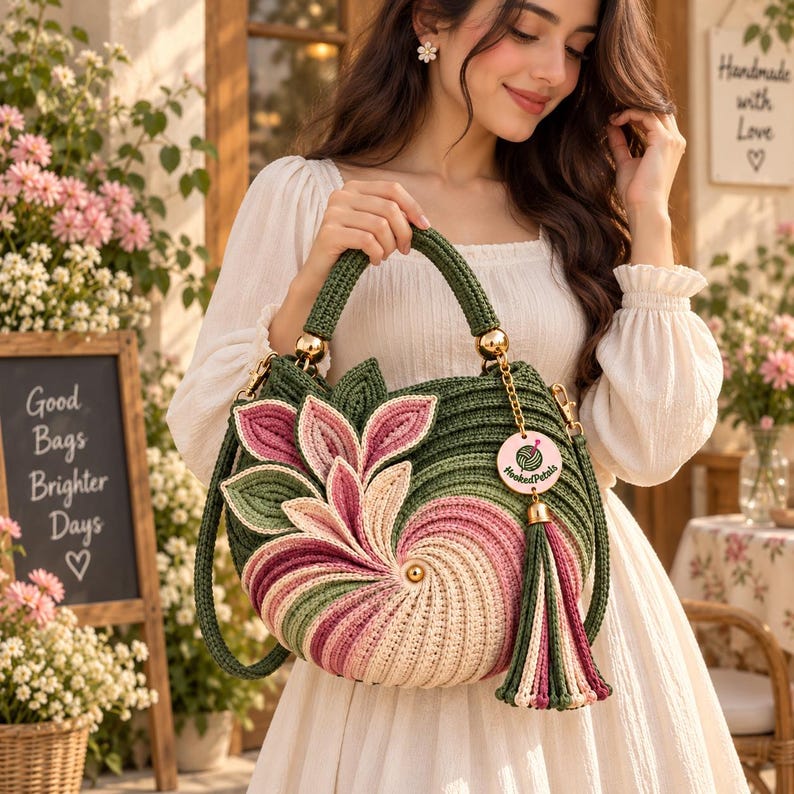 Floral crochet bag pattern PDF featuring a beautiful handmade crochet handbag with layered flower petals, sculpted green leaves, decorative floral details, structured crochet purse body, top handle, and shoulder strap. This crochet flower bag pattern is designed for makers who love elegant floral crochet bags, crochet handbag patterns, crochet purse patterns, and stylish handmade accessories with a detailed botanical finish.