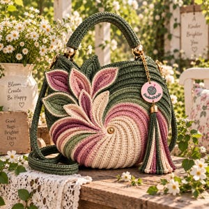 May include: A round, crocheted handbag in shades of dark green, mauve, and cream. The bag features a spiral pattern, a top handle, a long shoulder strap, and a decorative tassel. A circular tag with the text HookedPetals is attached to the handle.