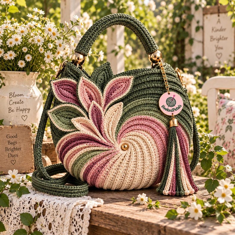 May include: A round, crocheted handbag in shades of dark green, mauve, and cream. The bag features a spiral pattern, a top handle, a long shoulder strap, and a decorative tassel. A circular tag with the text HookedPetals is attached to the handle.