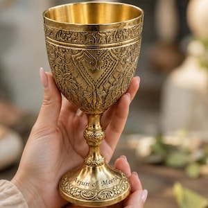 Personalized Brass Chalice – Custom Engraved Gold Plated Wine Goblet Gift – Medieval Style Drinkware –  Unique Wedding Gift