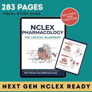 May include: A digital tablet displaying an NCLEX Pharmacology visual study guide with a heart diagram, alongside a printed page titled Mood Stabilizers & Anticonvulsants. The cover text reads 283 Pages Visual Study Guide and Next Gen NCLEX Ready.