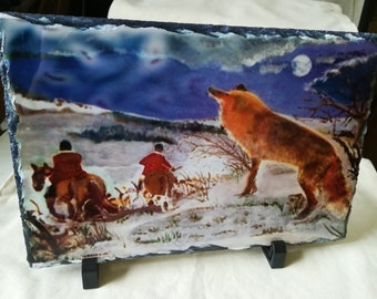 Outfoxed - fox  hunting scene on a slate. ornament