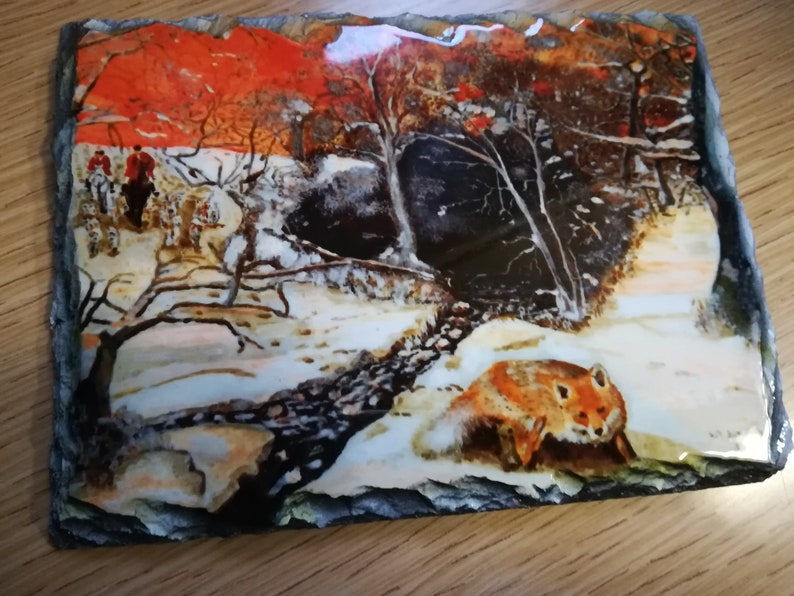 fox hunting scene on a slate. Run with the fox
