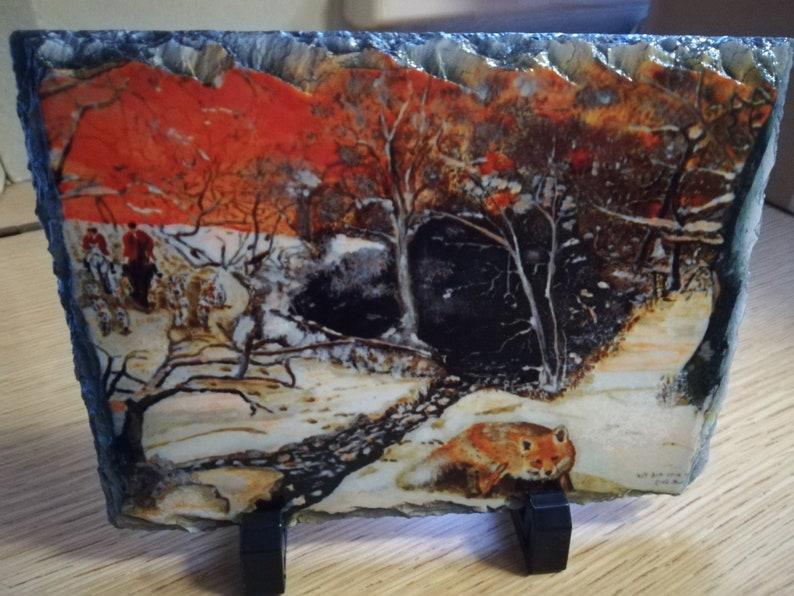 fox hunting scene on a slate. Run with the fox