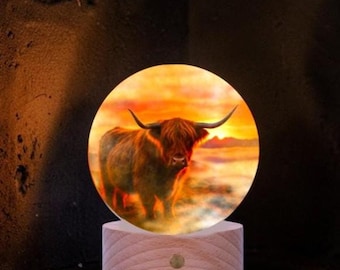 Highland Cow Round Glass  LED Lamp Night Light