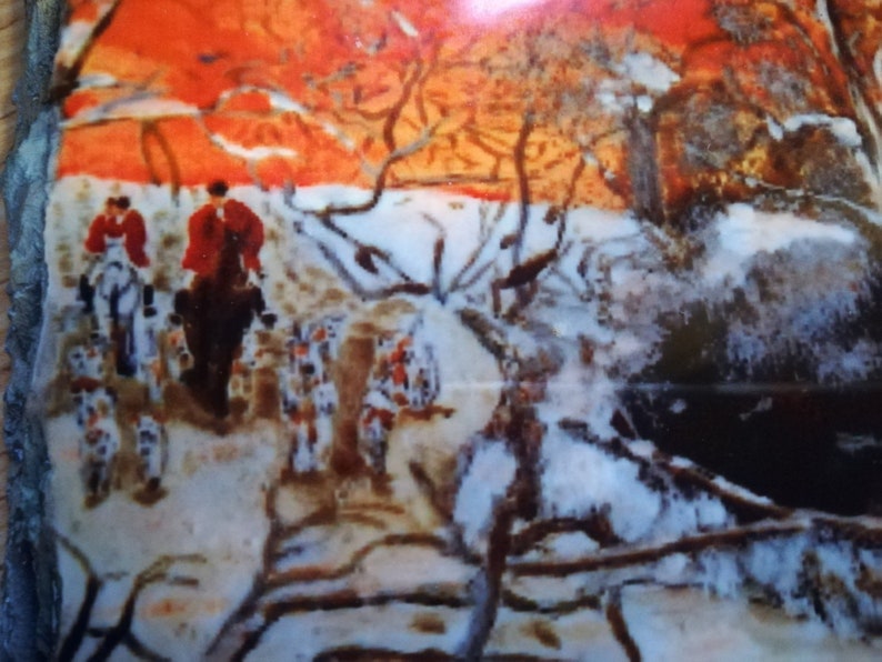 fox hunting scene on a slate. Run with the fox