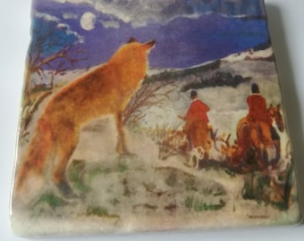 Outfoxed - botticino marble coaster fox hunt scene coaster