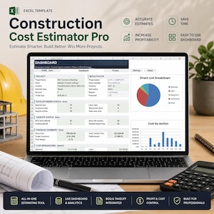May include: A laptop displaying the Construction Cost Estimator Pro Excel template, featuring a dashboard with project details, a pie chart for direct cost breakdown, and a bar graph for cost by section, alongside a calculator and blueprints.