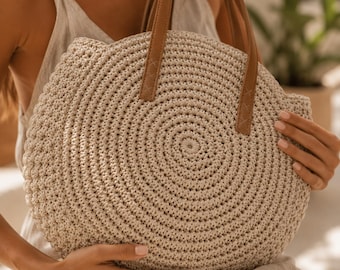 Round Straw Beach Tote Bag, Woven Shoulder Handbag, Large Boho Summer Purse, Vacation Tote, Handmade Style Beach Bag Gift