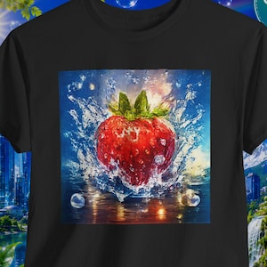 Può includere: Una t-shirt nera a maniche corte con una stampa quadrata centrale raffigurante una fragola rosso vivo che schizza nell'acqua. Il design include un picciolo verde e gocce d'acqua dettagliate su sfondo blu. Un badge circolare riporta 100% COTTON PREMIUM QUALITY.
