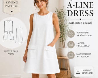 Sleeveless A-Line Dress Sewing Pattern PDF | Women's Shift Dress Pattern | Patch Pocket Dress | Instant Download | XS-4XL | A4 A0 US Letter