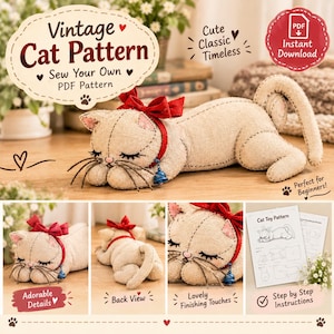 May include: A beige fabric cat plush toy with stitched details, a red ribbon bow, and a small blue bell collar. The image includes text: Vintage Cat Pattern, Sew Your Own PDF Pattern, Cute Classic Timeless, Instant Download, and Cat Toy Pattern.