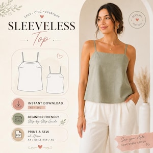 Könnte beinhalten: Ein Schnittmuster für ein ärmelloses Oberteil in Salbeigrün mit dünnen Trägern. Die Grafik enthält den Text EASY CHIC EVERYDAY SLEEVELESS TOP, DESIGNED FOR YOU, INSTANT DOWNLOAD XS-2XL, BEGINNER FRIENDLY und PRINT & SEW at HOME A4 / US LETTER / A0.