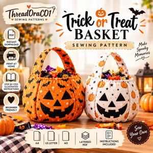 Mönster för syning av bus-or-treat-korg | Mönster för syning av bus-or-treat-korg i PDF-format | Mönster för syning av halloweenkorg | Godishink för nybörjare