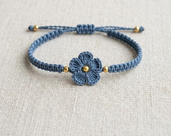 Patrón de pulsera de ganchillo con flores nomeolvides, tutorial de macramé bohemio con cuentas (PDF)
