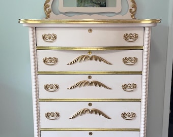 Antique French Provincial Dresser | Hand-Painted Serpentine Dresser | Original Mirror | Gold Leaf | Gilded Details
