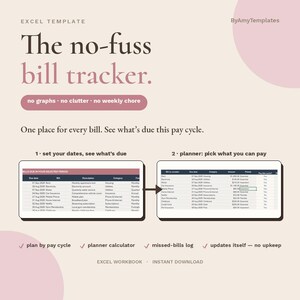 Op de afbeelding: Een Excel-sjabloon voor een factuurtracker genaamd The no-fuss bill tracker. Het bevat twee spreadsheetweergaven met vervaldatums, facturen, beschrijvingen, categorieën en bedragen. De tekst bevat onder andere ByAmyTemplates en no-fuss bill tracker.