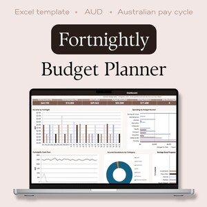 以下が含まれることがあります： Fortnightly Budget PlannerというタイトルのExcelテンプレートを表示するノートパソコンの画面。ダッシュボードには、棒グラフ、折れ線グラフ、ドーナツグラフなどのデータ視覚化が含まれており、収入、支出、貯蓄目標のテキストラベルが表示されています。