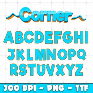May include: A digital alphabet set featuring the word Corner in a stylized blue font with orange outlines. The set includes uppercase letters A through Z in a matching blue and orange design, presented on a white grid background with 300 DPI, PNG, and TTF text.