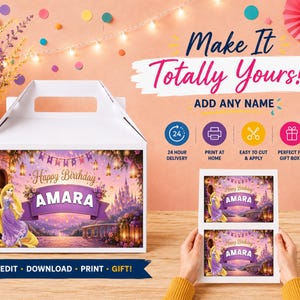 Puede incluir: Una caja de regalo de cartón blanco y una hoja impresa con un diseño de cumpleaños de Rapunzel con el nombre AMARA, un castillo, linternas y el texto Happy Birthday. La pantalla incluye iconos para entrega en 24 horas, imprimir en casa y cortar.