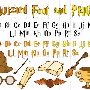 May include: A digital alphabet set titled Wizard Font and PNG featuring uppercase and lowercase letters in black and orange with lightning bolt accents. Below the text are illustrations of a brown hat, wand, scroll, book, broom, glasses, wings, and a gold cup.