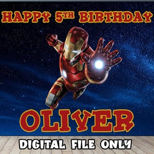 May include: A rectangular backdrop featuring a red and gold Iron Man character in a flying pose against a dark blue starry space background. The text HAPPY 5TH BIRTHDAY appears at the top and the name OLIVER is at the bottom in red letters.