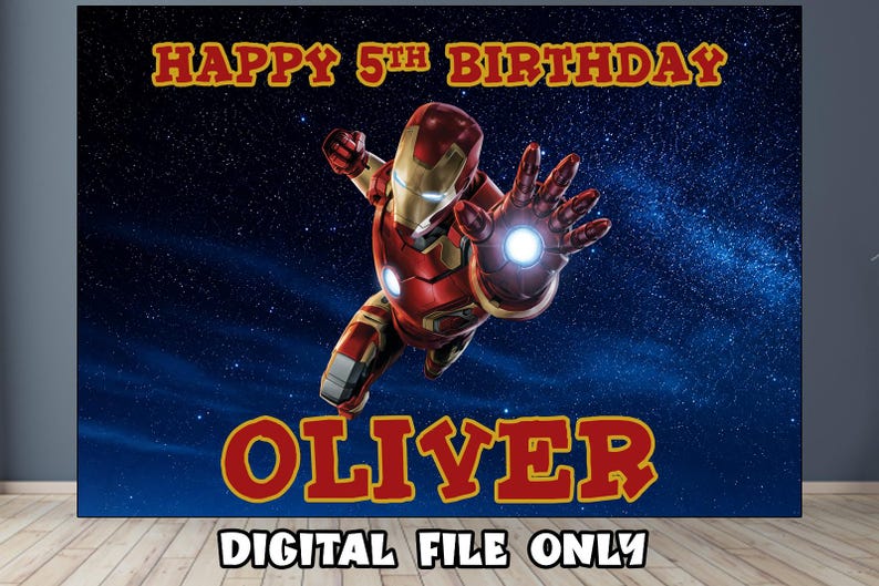 May include: A rectangular backdrop featuring a red and gold Iron Man character in a flying pose against a dark blue starry space background. The text HAPPY 5TH BIRTHDAY appears at the top and the name OLIVER is at the bottom in red letters.