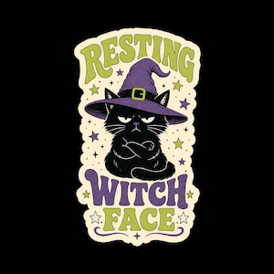 Ruhendes Hexengesicht SVG PNG, Grumpy Black Cat Halloween Design, Lustiges Hexenhut-Shirt, Sarkastische Katze (Digitaler Download)