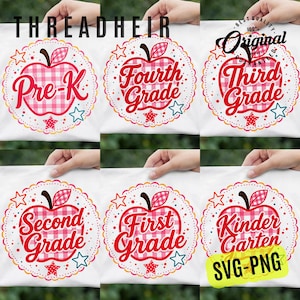 Schulanfang-PNG-Bundle, Vorschule, Kindergarten, 1., 2., 3. und 4. Klasse (PNG), Apfel-Gingham-Design, Lehrer-Shirt (PNG, SVG)