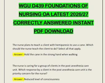 WGU D439 Fundamentos de Enfermagem OA - Respostas Corretas Atualizadas 2026/27 - Download Imediato em PDF