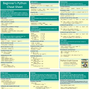 May include: A Beginner's Python Cheat Sheet reference guide featuring teal headers and light yellow backgrounds. It displays code snippets for variables, strings, lists, tuples, if statements, dictionaries, user input, while loops, and classes.
