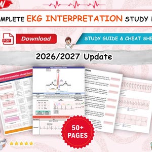 May include: A digital study pack for EKG interpretation featuring a 2026/2027 update. The set includes multiple pages of cheat sheets and study guides with EKG rhythm strips, medical diagrams, and text. A red badge indicates 50+ pages.