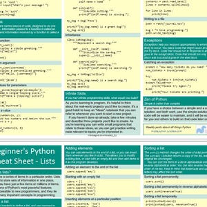 Pode incluir: Uma folha de refer&ecirc;ncia educativa para programa&ccedil;&atilde;o em Python em v&aacute;rias colunas, apresentando trechos de c&oacute;digo, explica&ccedil;&otilde;es de fun&ccedil;&otilde;es, heran&ccedil;a, exce&ccedil;&otilde;es e opera&ccedil;&otilde;es de lista. O documento utiliza um esquema de cores amarelo e azul-petr&oacute;leo.