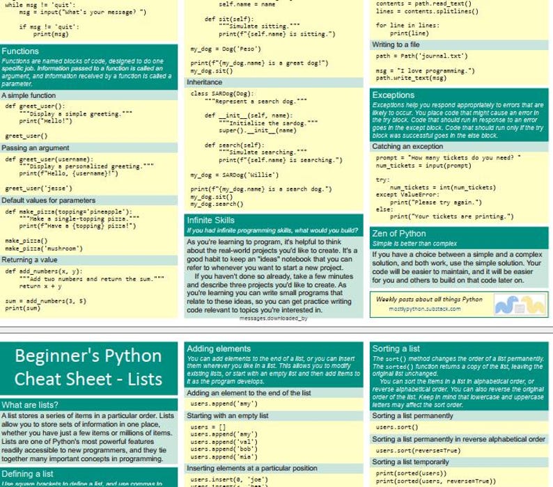 Pode incluir: Uma folha de refer&ecirc;ncia educativa para programa&ccedil;&atilde;o em Python em v&aacute;rias colunas, apresentando trechos de c&oacute;digo, explica&ccedil;&otilde;es de fun&ccedil;&otilde;es, heran&ccedil;a, exce&ccedil;&otilde;es e opera&ccedil;&otilde;es de lista. O documento utiliza um esquema de cores amarelo e azul-petr&oacute;leo.