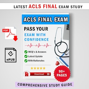 Op de afbeelding: Een digitale studiegids getiteld ACLS FINAL EXAM PASS YOUR EXAM WITH CONFIDENCE, met een stethoscoop, hartpictogram en vijf gele sterren. Het document bevat MCQ's & Answers, Latest Update, With Rationales en 90+ PAGES, met PDF- en ePub-pictogrammen.