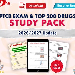 May include: A digital study pack for the PTCB exam and top 200 drugs, 2026/2027 update. The graphic features a tablet displaying a list of drugs, alongside PDF document pages with exam questions and answers, all presented in a clear, organized layout.