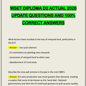 May include: A digital document titled WSET DIPLOMA D2 ACTUAL 2026 UPDATE QUESTIONS AND 100% CORRECT ANSWERS. The page features a PDF download icon, a Q&A logo, and text discussing factors for vineyard land loss and 1980s European vine pull schemes.