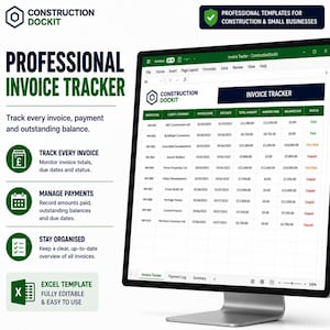 May include: A computer monitor displaying a Professional Invoice Tracker Excel template by Construction Dockit. The spreadsheet features columns for invoice number, client, dates, amounts, and status, with text detailing tracking and management features.